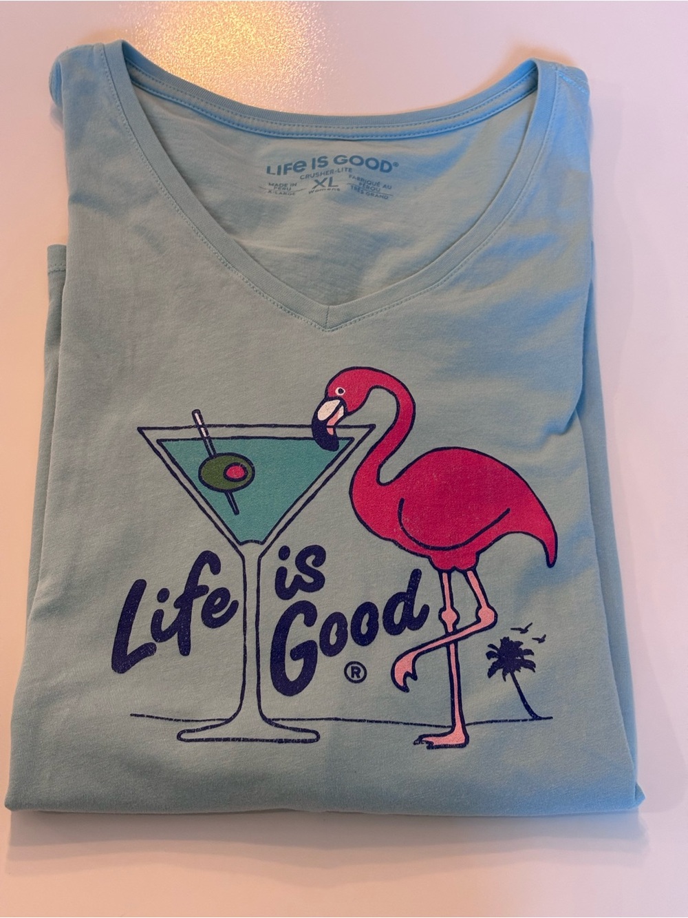 Life is Good Flamingo Martini Long Sleeve V neck Crusher Tee, Wom. XL, Teal/blue